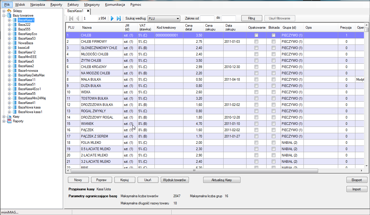 EDYCJA BAZY TOWAROWEJ Program minimag może zapisad i obsługiwad dowolną ilośd kas i związanych z nimi baz towarowych.
