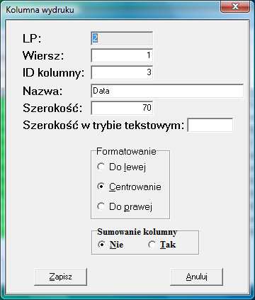 Po naciśnięciu klawisza Insert pojawi się lista kolumn nieużywanych, które można w dowolnej kolejności naciskając klawisz Enter przenieść do