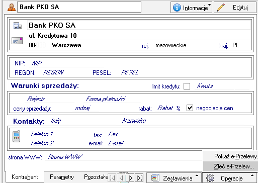 Zmiany w oknie kontrahenta Przelewy elektroniczne można przeglądać oraz zlecać również w oknie kontrahenta.