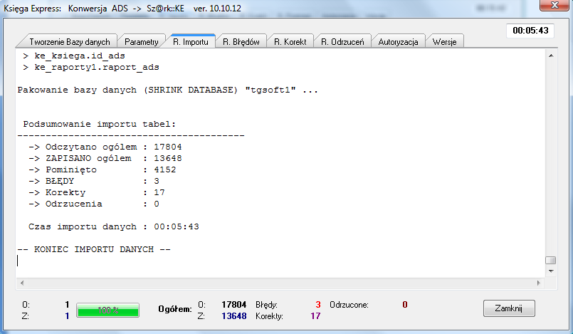 Ekran po zakooczeniu importu. Jeśli podczas importowania danych nie pojawiły się błędy (zakładka R.