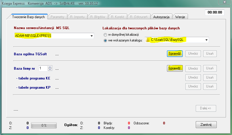 Ekran początkowy konwertera Sz@rk KE ADS -> SQL.