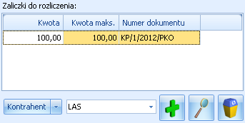 zapisy zaliczki związane z podmiotem wybranym na zakładce Kontrahent w polu Domyślny płatnik, ikona plusa znajdująca się pod tabelą zawiera wykrzyknik rozliczyć z wystawianym dokumentem.