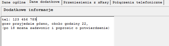 S t r o n a 17 Dane dodatkowe o Pole opisowe służące do wpisywania uwag dla danej rezerwacji Przeniesienia z kasy o Zakładka zawiera rachunki które zostały przeniesione do pokoju hotelowego za pomocą