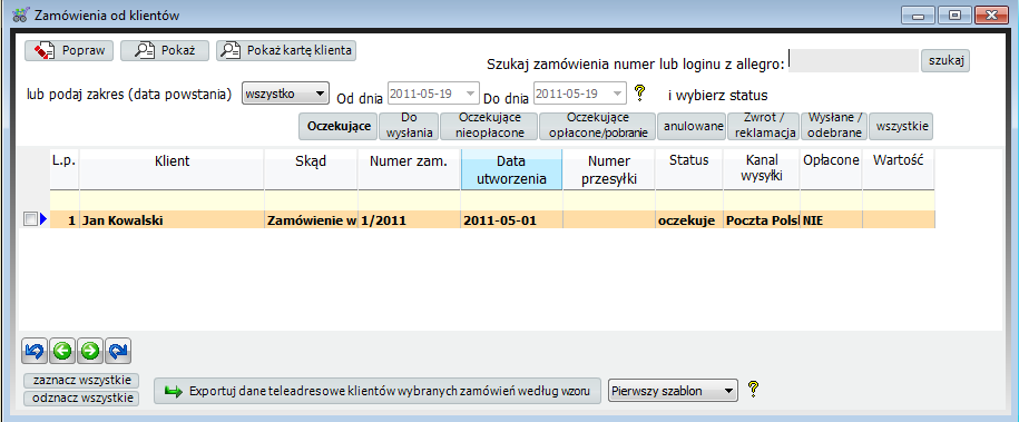 Dumpingowiec - Instrukcja Użytkownika 109 Rozdział 17. Zamówienia od klienta Zamówienia od klienta znajdują się w zakładce Sprzedaż głównego okna programu.