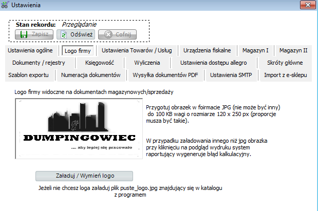 Dumpingowiec - Instrukcja Użytkownika 11 Kilka centymetrów niżej znajduje się pole Miejsce wystawienia dokumentu, wpisujemy tam miasto gdzie znajduje się firma, te miasto będzie nadrukowywane na