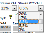 Dumpingowiec - Instrukcja Użytkownika 119 Jest ono podzielone na 5 zakładek. Stawki VAT, Stawki RYCZAŁT, Jednostki Miary, Kategorie towarów / usług, Sposoby zapłaty.