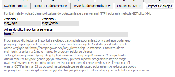 Dumpingowiec - Instrukcja Użytkownika 143 Pierwszy z nich pobiera plik z serwera który wpisaliśmy w ustawieniach ogólnych w zakładce Import z e-sklepu: Każdy posiadający sklep internetowy może