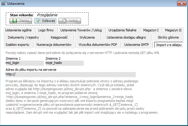 Dumpingowiec - Instrukcja Użytkownika 31 13. Ustawienia SMTP W zakładce wpisujemy ustawienia naszej poczty e-mail, jeżeli chcemy wysyłać e-maile z poziomu programu (np. Faktury w pliku PDF).