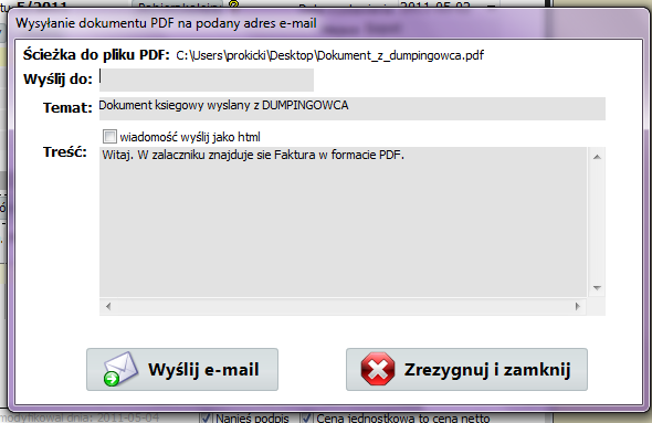 Dumpingowiec - Instrukcja Użytkownika 55 Drukuj z ikonką dokumentu PDF jeżeli pobrano właściwy numer po kliknięciu w sam środek otwiera nam okno wyboru miejsca gdzie program ma zapisać utworzony