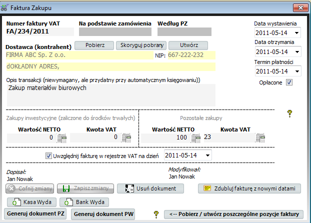 Dumpingowiec - Instrukcja Użytkownika 78 UWAGA! Kwoty na fakturze zakupowej, jak jest to zorganizowane!