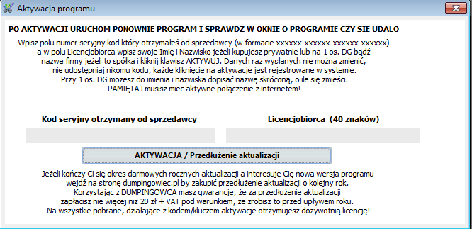 Dumpingowiec - Instrukcja Użytkownika 9 Po zainstalowaniu i uruchomieniu programu otwieramy zakładkę Opcje i klikamy na przycisk Zarejestruj kod (w sam środek przycisku).