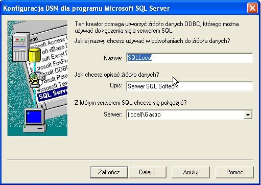 Rysunek 17 W okno, które się pojawi trzeba wprowadzić następujące ustawienia: Rysunek 18 W polu Serwer należy wybrać z listy bądź wpisać nazwę właściwego serwera SQL.