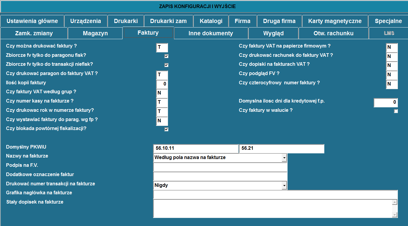 7.12. Faktury Rysunek 235 Czy można drukować faktury gdy wpiszemy tu N uniemożliwimy wydruk faktur VAT jako dokumentów kończących transakcje. Zbiorcze FV tylko do paragonu fisk. / transakcji niefisk.