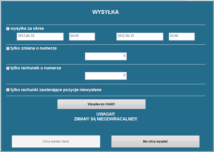 4.2.3. Konfiguracja Dostęp do konfiguracji systemu opisanej dokładnie w rozdziale Konfiguracja systemu; 4.2.4. Wysyłka Ponowna wysyłka danych sprzedażowych z POSa do Szefa. UWAGA!