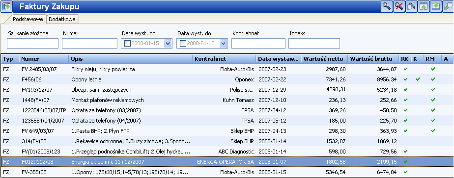 Rys. 2-2 Przykład wypełnienia faktury zakupu zakładka Dodatkowe" Na rys. 2-3 przedstawiono listę faktur zakupu Rys. 2-3 Przykładowa lista faktur zakupu 3.
