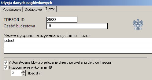 5.10.2 Komunikacja z systemem TREZOR Komunikacja polega na tym, że SFINKS przygotowuje pliki XML, które następnie można importować w systemie TREZOR. 5.10.2.1 Przygotowanie Rozpoczynamy pracę od jednorazowego ustawienia danych nagłówkowych (menu podręczne > edycja danych nagłówkowych, zakładka TREZOR).