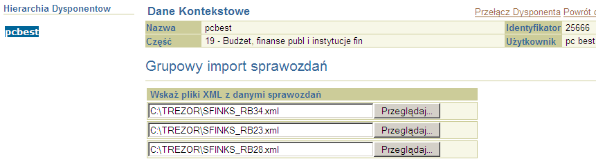 5.10.2.3 Odczytanie pliku w TREZORZe Po zainicjowaniu pliku dla danego okresu w systemie TREZOR możemy odczytać przygotowane w SFINKSie sprawozdania zapisane jako XML.