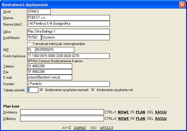 7.2 Kontrahenci Miejsce systemu SFINKS przeznaczone na dopisywanie nowych kontrahentów. Funkcja ta dostępna jest również w bardzo wielu innych miejscach programu. 7.2.1 Dopisanie kontrahenta Skrót można całkowicie pomijać!