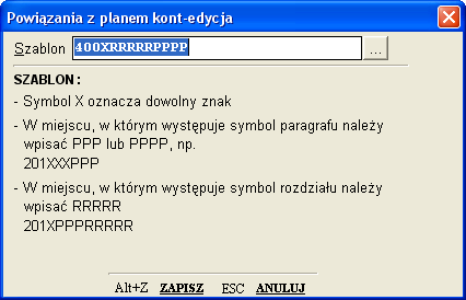 Przykładowe szablony Powiązania określamy dla kont syntetycznych Należy wprowadzić w tym miejscu każdą syntetykę, na której dzielić coś będziemy w układzie paragrafów (rozdziałów) i określić dla niej