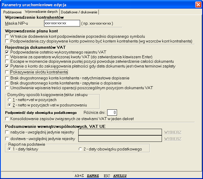 Przywróć domyślne ustawia wszystkie parametry tak jak bezpośrednio po instalacji programu. Wpisz aktualne ustawienia wszystkim (.