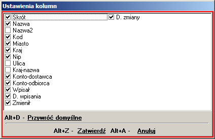 Podczas przeglądania danych kontrahentów możemy również wybrać kolumny (Ctrl+O), które pokażą informacje o datach i osobach modyfikujących dane. 15.2.