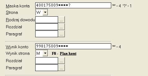 Maska: 400***?, konto wynikowe: 50102***18. Jeżeli pojawi się zapis 40088822 lub 40088833... to SFINKS sam stworzy dekret na konto 5010288818 Zapis może być jeszcze bardziej skomplikowany: Maska: 4?