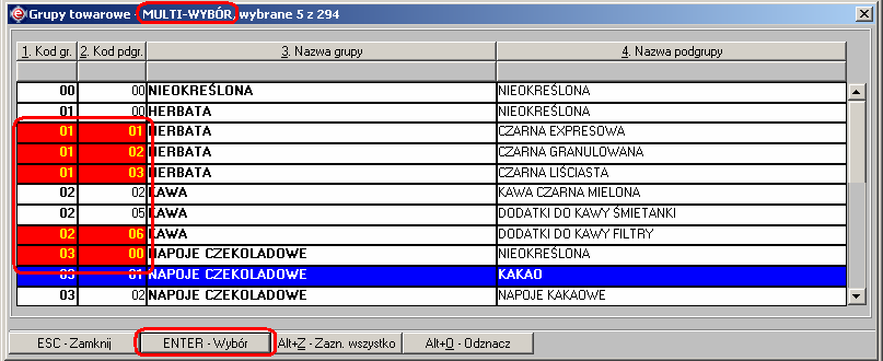 Instrukcja expedient_ms.doc 10/203 Rysunek 2.6 Wygląd listy w trybie MULTI-WYBÓR kartoteka towarów, pola indeksów wybranych pozycji (wierszy) zaznaczone są kolorem czerwonym.