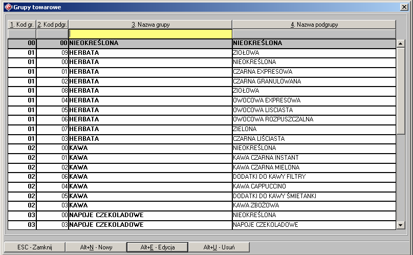 Instrukcja expedient_ms.doc 111/203 1. Z menu głównego wybieramy pozycję Słowniki->Grupy towarowe. Otwarte zostanie okno z listą grup i podgrup towarowych rysunek 3.19.