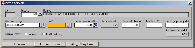 Instrukcja expedient_ms.doc 126/203 Rysunek 3.45. Wygląd formularza wprowadzania nowej pozycji dokumentu PZ po wybraniu towaru z kartoteki. W tym przypadku wybrany został towar o indeksie 6.