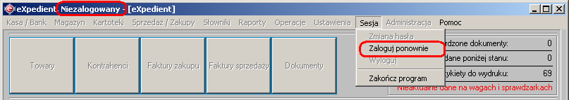 Instrukcja expedient_ms.doc 13/203 Rysunek 2.12 Wygląd paska okna głównego i menu programu w przypadku niezalogowania uŝytkownika.