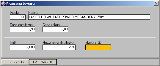 Instrukcja expedient_ms.doc 136/203 Po kliknięciu przycisku Przecena otwarty zostanie formularz (patrz Rys. 3.