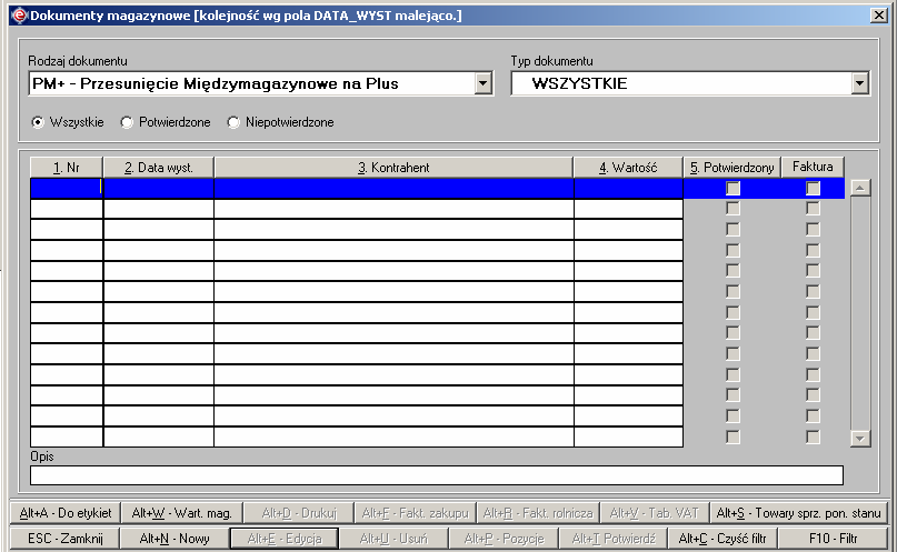 Instrukcja expedient_ms.doc 144/203 Rysunek 3.77. Formularz definiowania nowego magazynu. Aby wystawić dokument przesunięcia międzymagazynowego PM+ (przychodowy) naleŝy. 1. Otworzyć okno dokumentów magazynowych (patrz Rys.