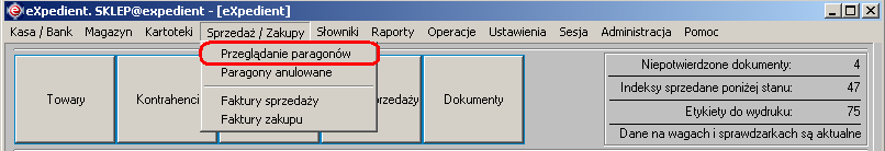 Instrukcja expedient_ms.doc 146/203 paragonu oraz numer kasy, na której został wystawiony zostaje wydrukowany za podsumowaniem fiskalnym paragonu. 1. Pierwszą czynnością podczas robienia zwrotu do paragonu jest otwarcie okna z listą paragonów.