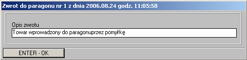 Instrukcja expedient_ms.doc 148/203 Rysunek 3.84. Okno z paragonami po zatwierdzeniu warunków wyszukiwania. Wyświetlony jest tylko paragon o zadanym numerze. Rysunek 3.85.