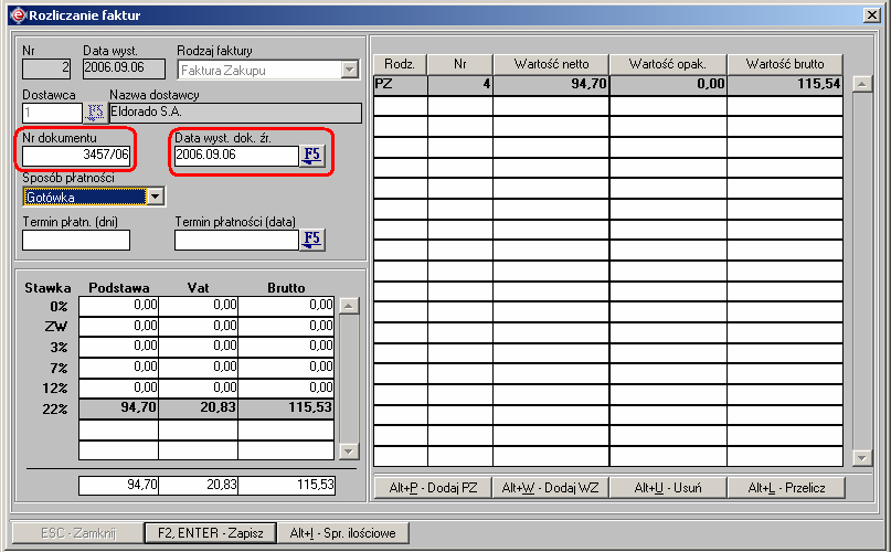 Instrukcja expedient_ms.doc 165/203 Rysunek 3.120. Okno rozliczenia faktury zakupu.