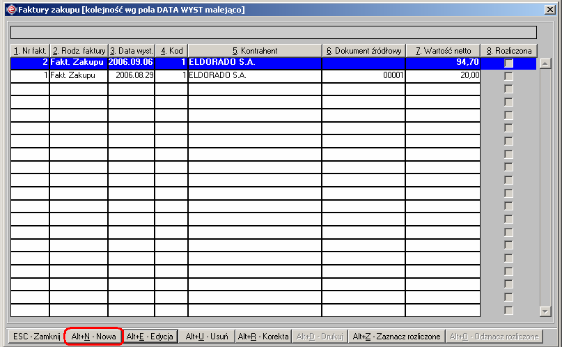 Instrukcja expedient_ms.doc 166/203 Rysunek 3.122. Elementy okna głównego programu expedient pozwalające na otwarcie okna z listą faktur zakupu. Rysunek 3.123.