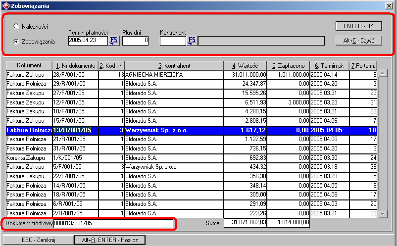 Instrukcja expedient_ms.doc 17/203 2.5.1.2. Menu Kasa /Bank ->NaleŜności / Zobowiązania.