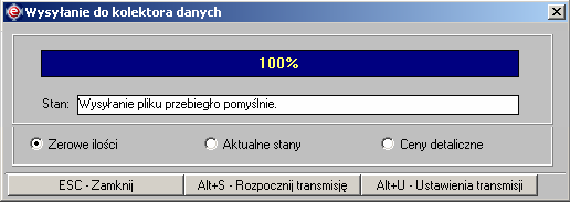 Instrukcja expedient_ms.doc 180/203 4. Po wyborze pozycji PHL 1300 otwarty zostaje formularz pokazany na rysunku 3.147. Rysunek 3.147. Formularz dialogu wysyłania danych do kolektora. 5.