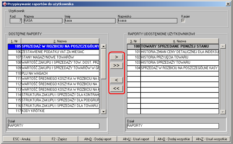 Instrukcja expedient_ms.doc 201/203 5. Zmiany w dostępie do uprawnień potwierdzamy klikając przycisk Zapisz. Rysunek 3.187. Okno z listą uŝytkowników wraz z raportami, do których mają dostęp.