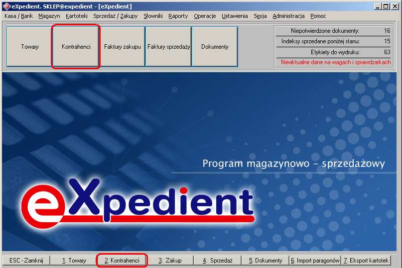 Instrukcja expedient_ms.doc 39/203 Rysunek 2.53 Elementy okna głównego pozwalające na otwarcie kartoteki kontrahentów. Wygląd okna z listą kontrahentów pokazano na rysunku 2.54.