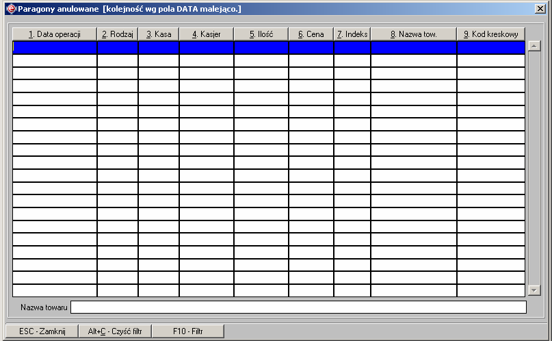 Instrukcja expedient_ms.doc 60/203 2.5.4.2 Menu SprzedaŜ / Zakupy -> Paragony anulowane Pod tą pozycją menu znajduje się lista (Rys. 2.83) wszystkich paragonów, jakie zostały anulowane na stanowiskach kasowych.