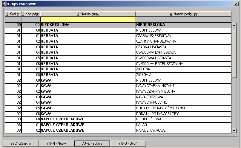 Grupy i podgrupy towarowe stanowią podstawowy sposób klasyfikacji towarów w kartotece. Kliknięcie pozycji menu Słowniki->Grupy towarowe otwiera okno z listą zdefiniowanych w systemie grup towarowych.