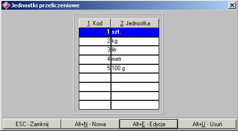 Instrukcja expedient_ms.doc 76/203 Rysunek 2.111. Tabela jednostek miar z przykładową zawartością. 2.5.5.8. Menu Słowniki > Jednostki przeliczeniowe.