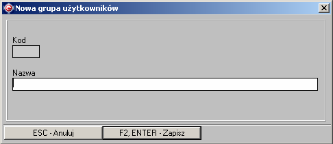 Instrukcja expedient_ms.doc 86/203 Przycisk ten otwiera formularz dodawania nowej grupy uŝytkowników (Rys. 2.133). W formularzu tym naleŝy wpisać nazwę nowotworzonej grupy uŝytkowników. Rysunek 2.133. Wygląd formularza tworzenia nowej grupy uŝytkowników.