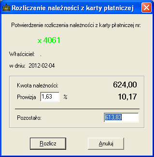 Rys. 74. Rozliczanie należności z karty płatniczej. 8.2.2. Wyszukiwanie należności z kart. Wyszukuje żądaną należność na podstawie zadanego ciągu znaków (np. daty transakcji). 8.2.3.