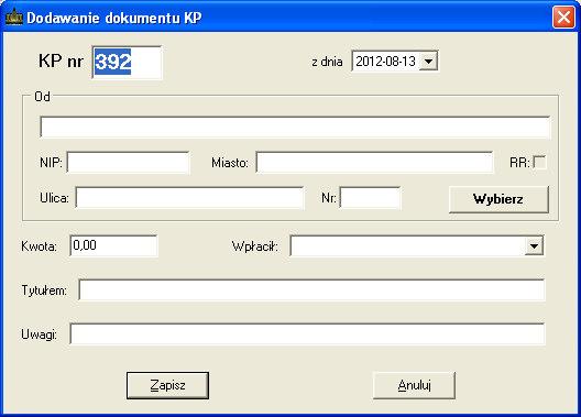 j 8.4.1. Wystawianie dokumentu KP. Uruchomienie tej funkcji powoduje wyświetlenie okna (Rys. 76), w którym wprowadzamy wszystkie potrzebne dane.