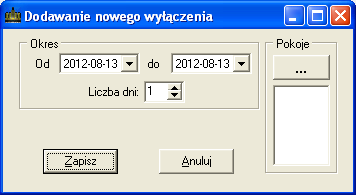 9.2.1. Dodawanie nowego wyłączenia pokoi. SOHO System Obsługi Hotelu Funkcja ta powoduje wyświetlenie okna (Rys. 81), w którym wprowadzamy datę początkową i końcową wyłączenia.