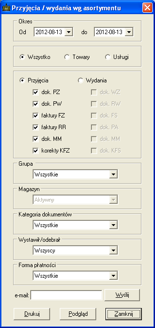 9.12. PRZYJĘCIA / WYDANIA WG ASORTYMENTU Raport ten pozwala na ilościowe i wartościowe zestawienie przyjęć lub wydań towarów oraz usług. Po uruchomieniu raportu wyświetlone zostanie okno (Rys.