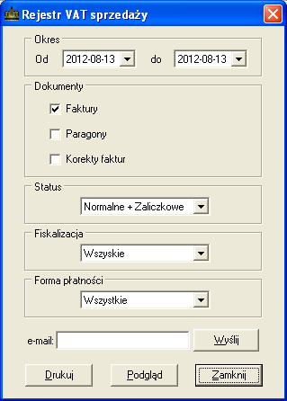 9.16. REJESTR VAT SPRZEDAŻY Funkcja ta pozwala na wydruk rejestru VAT sprzedaży z określonymi parametrami za dany okres czasu. Po jej wywołaniu ukazuje się okno (Rys.