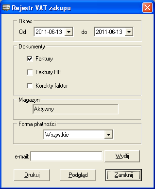 j 9.17. REJESTR VAT ZAKUPU Funkcja ta pozwala na wydruk rejestru VAT zakupu z określonymi parametrami za dany okres czasu. Po jej wywołaniu ukazuje się okno (Rys.